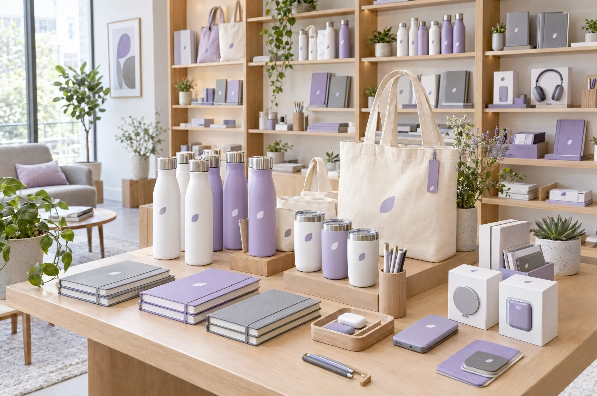 Corporate gifts showroom with branded bottles, notebooks, tote bags and tech gifts on oak shelves