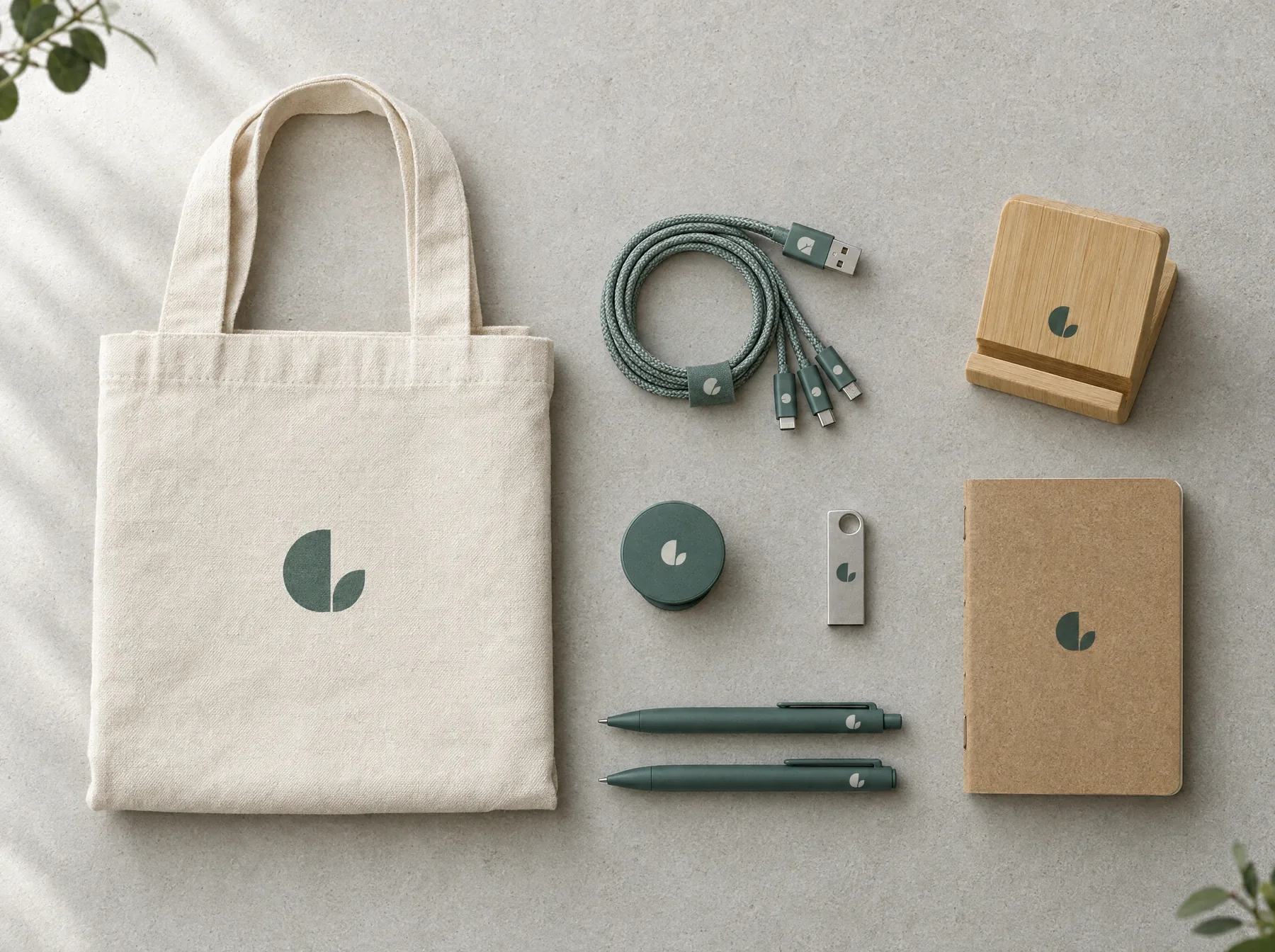 Branded tote bag, charging cable, bamboo phone stand, pens and notebook laid out as event giveaways