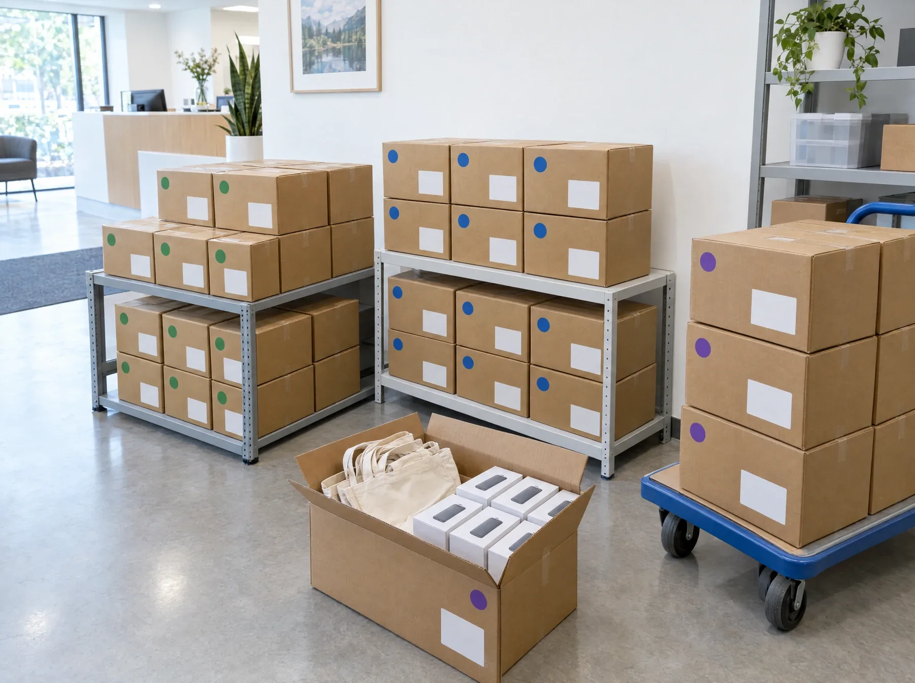 Cartons of branded giveaways sorted into three groups with coloured stickers in an office storeroom