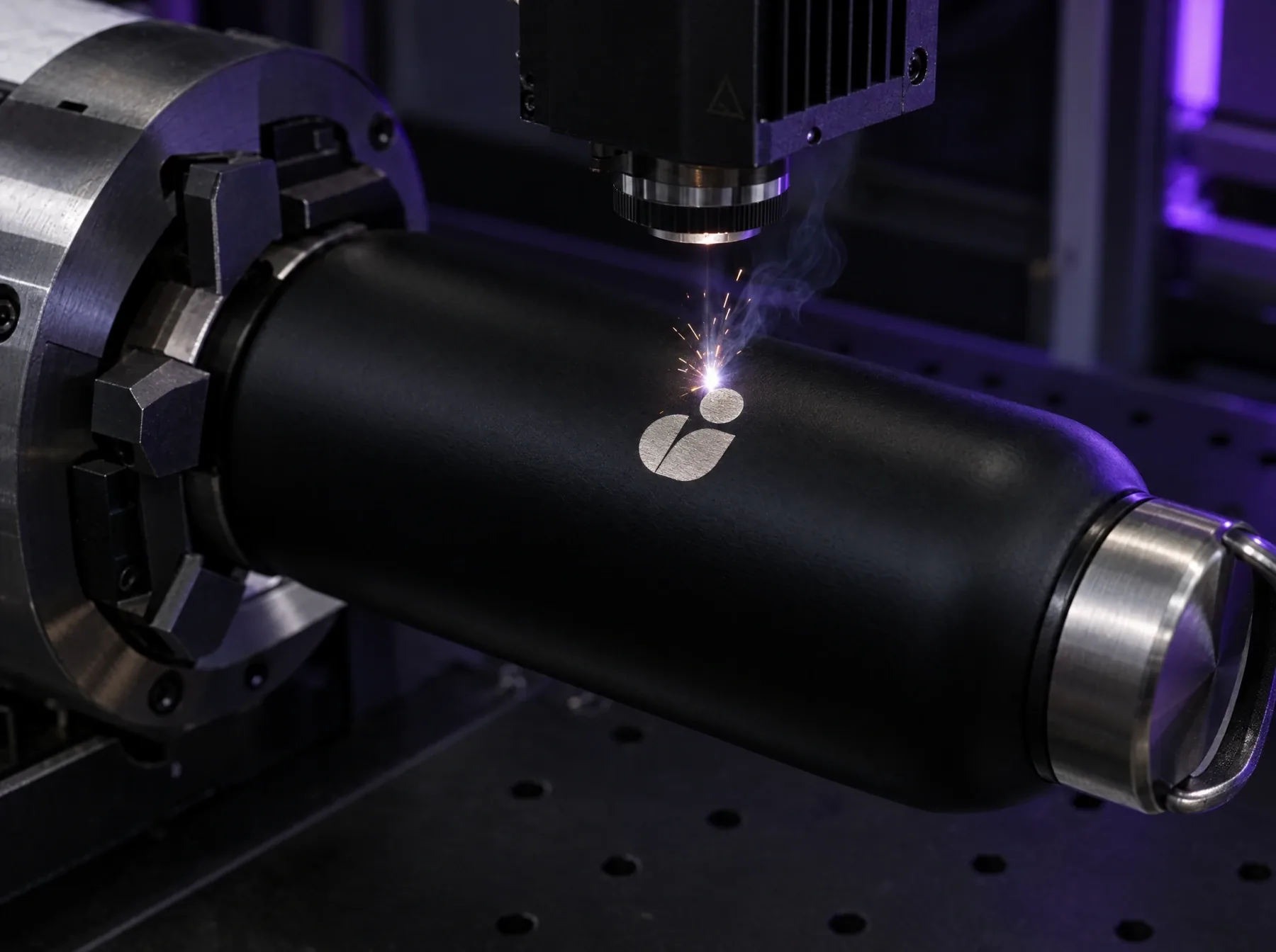 Fiber laser engraving a logo onto a black steel bottle