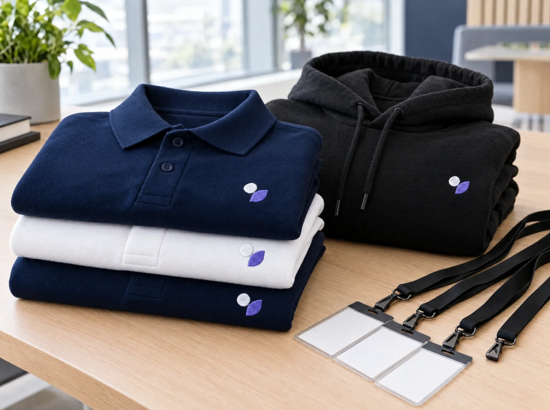 Folded navy and white polo shirts and a black hoodie with an embroidered logo, next to lanyards
