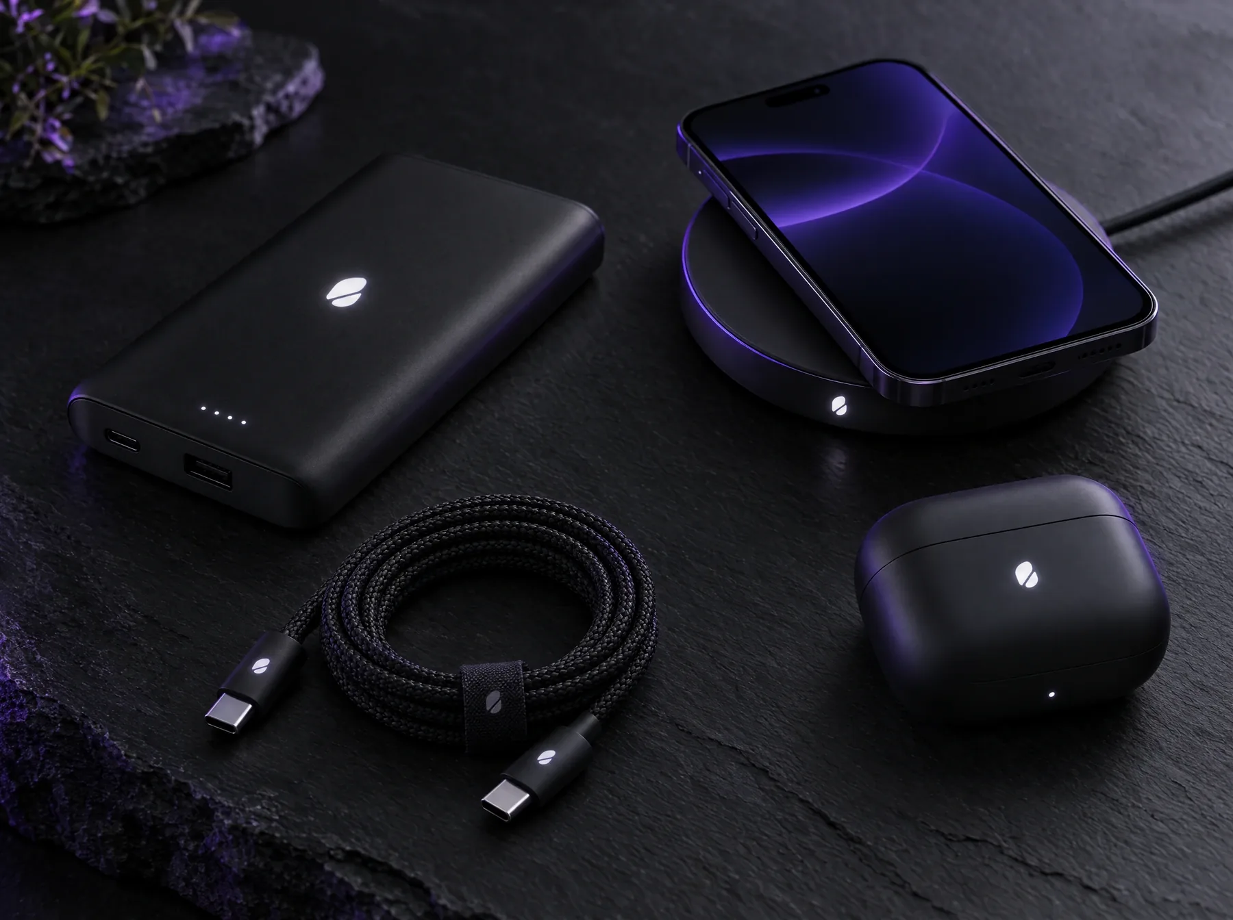 Power bank with a light-up logo, wireless charger, braided cable and earbuds case