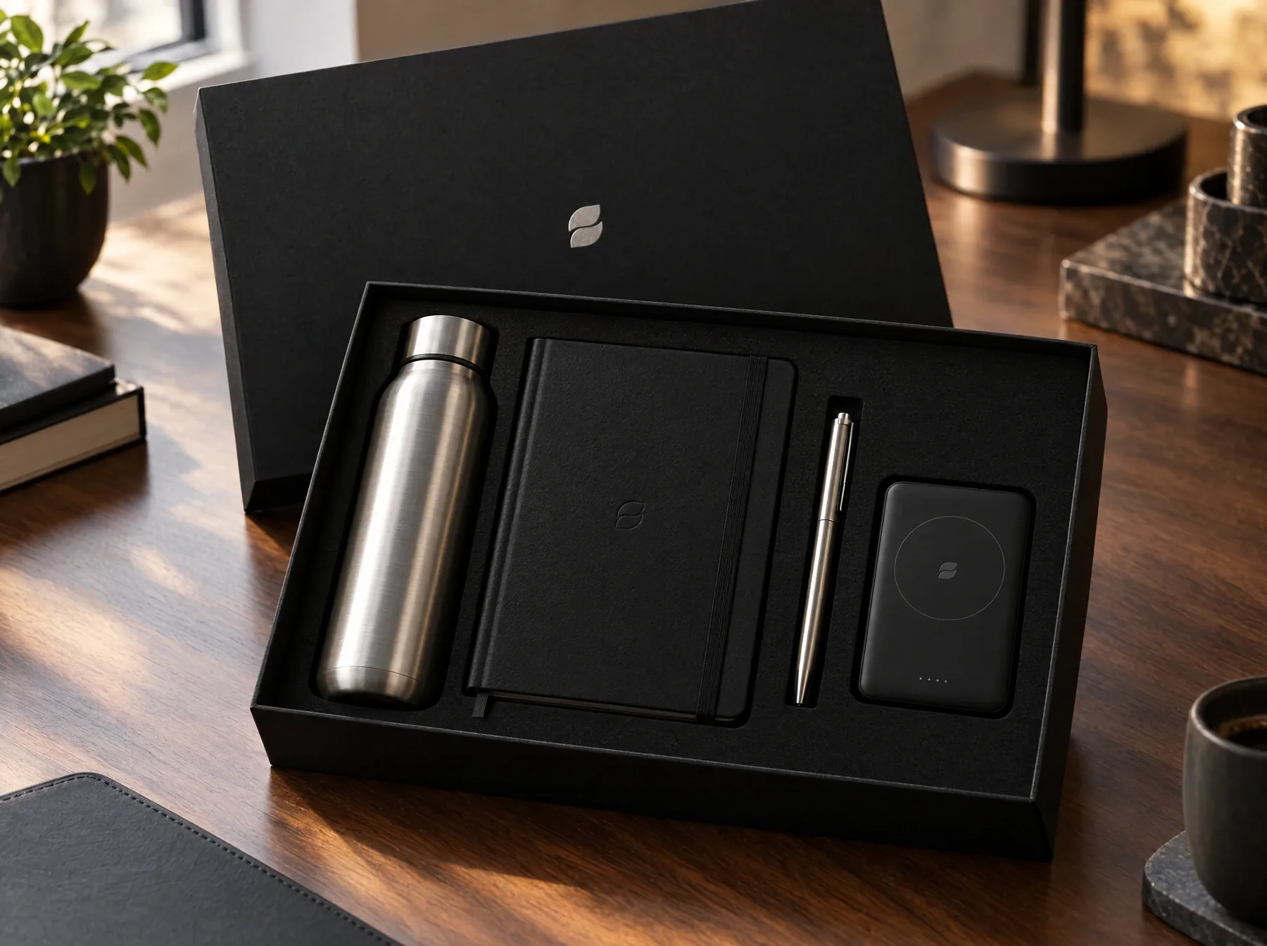 Black gift box with a steel bottle, notebook, pen and wireless power bank