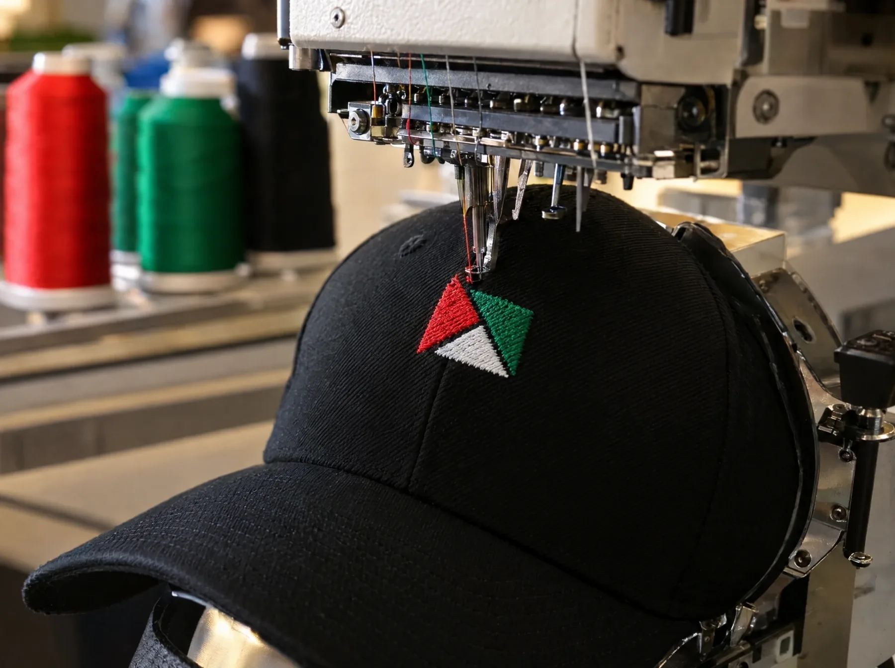 Embroidery machine stitching a red, green and white logo onto a black cap