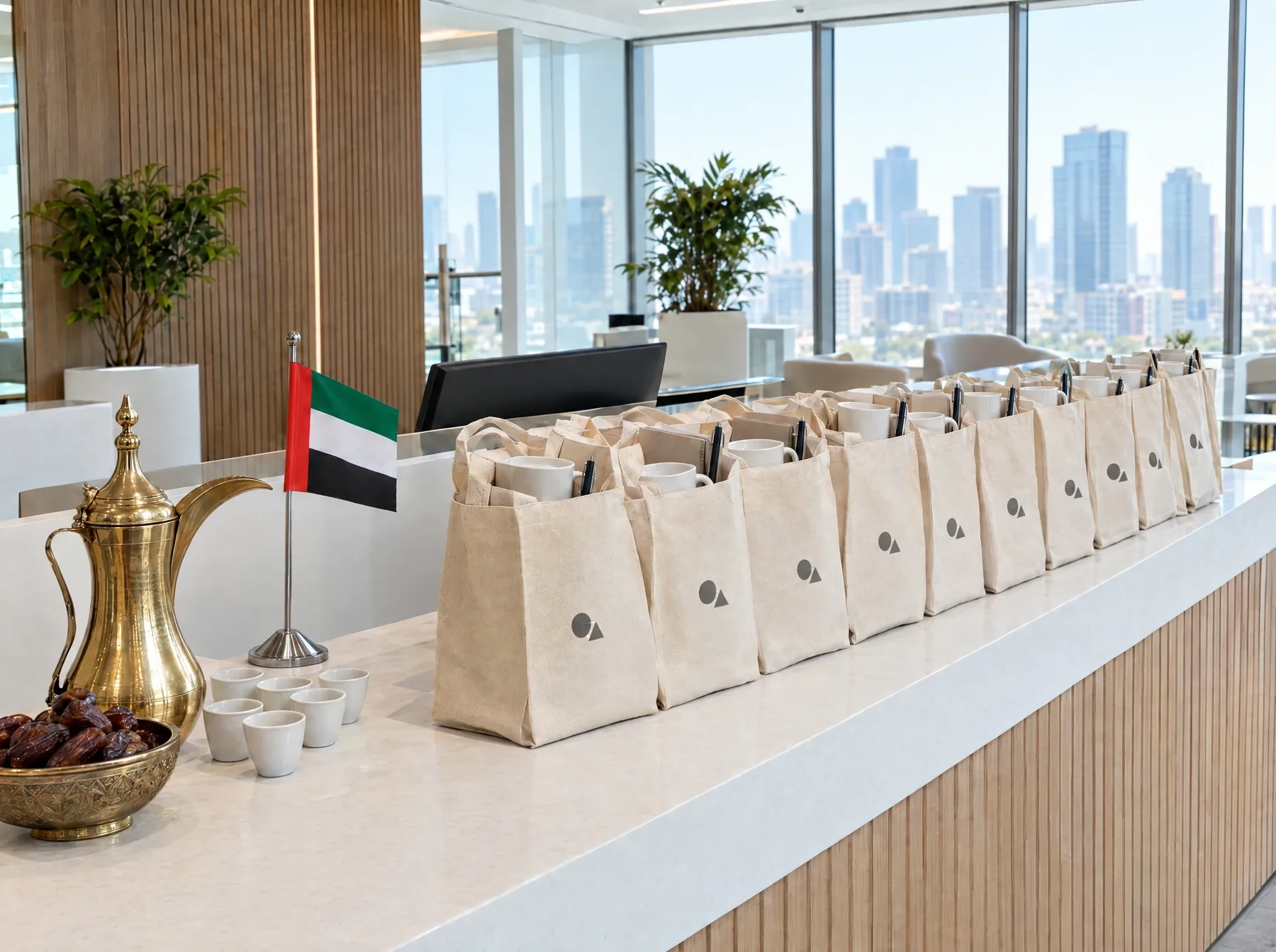 Cotton tote bags with mugs, notebooks and pens lined up on an office reception counter, beside Arabic coffee, dates and a UAE desk flag