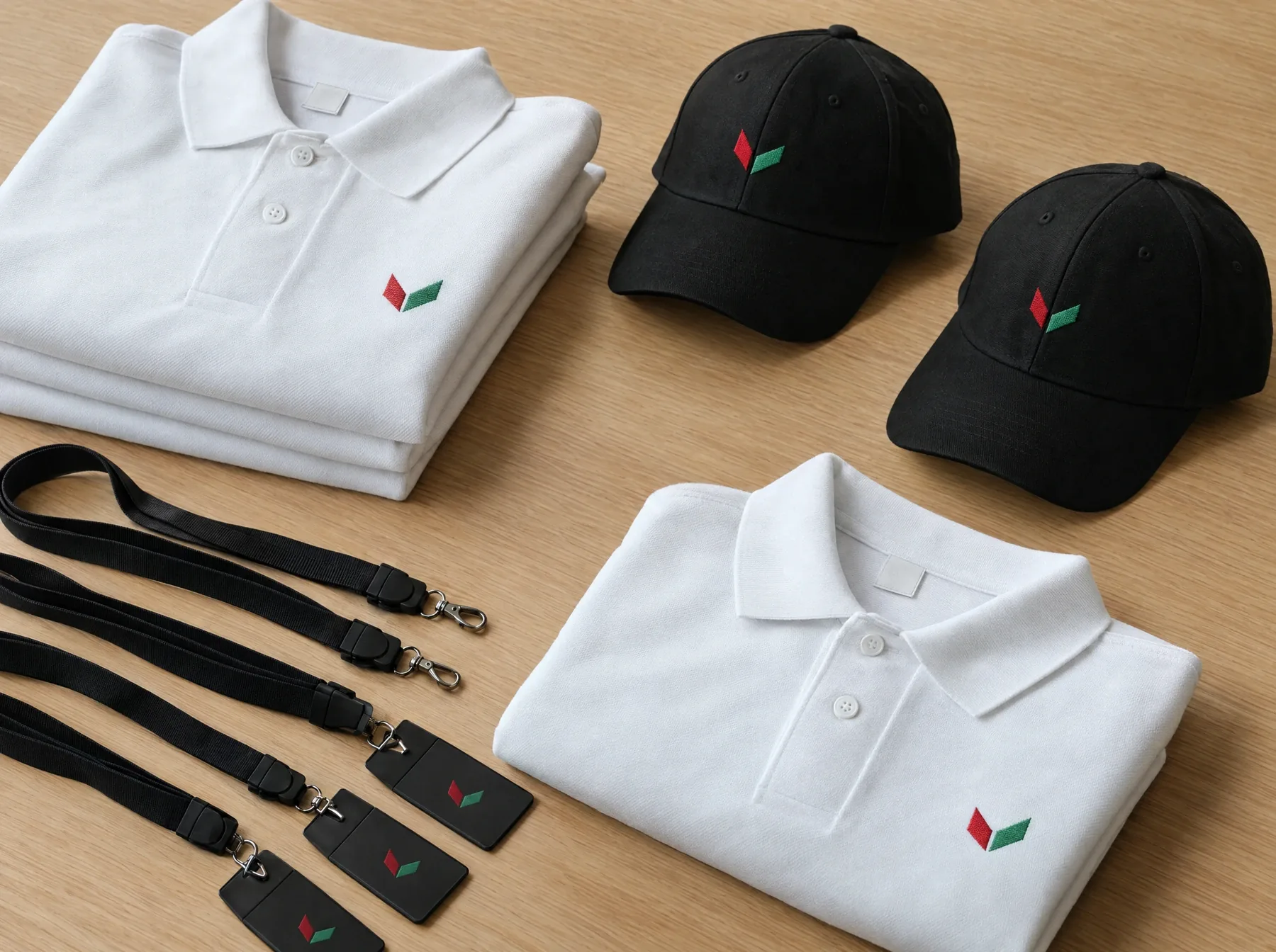 White polo shirts, black caps and lanyards with a small embroidered red and green logo