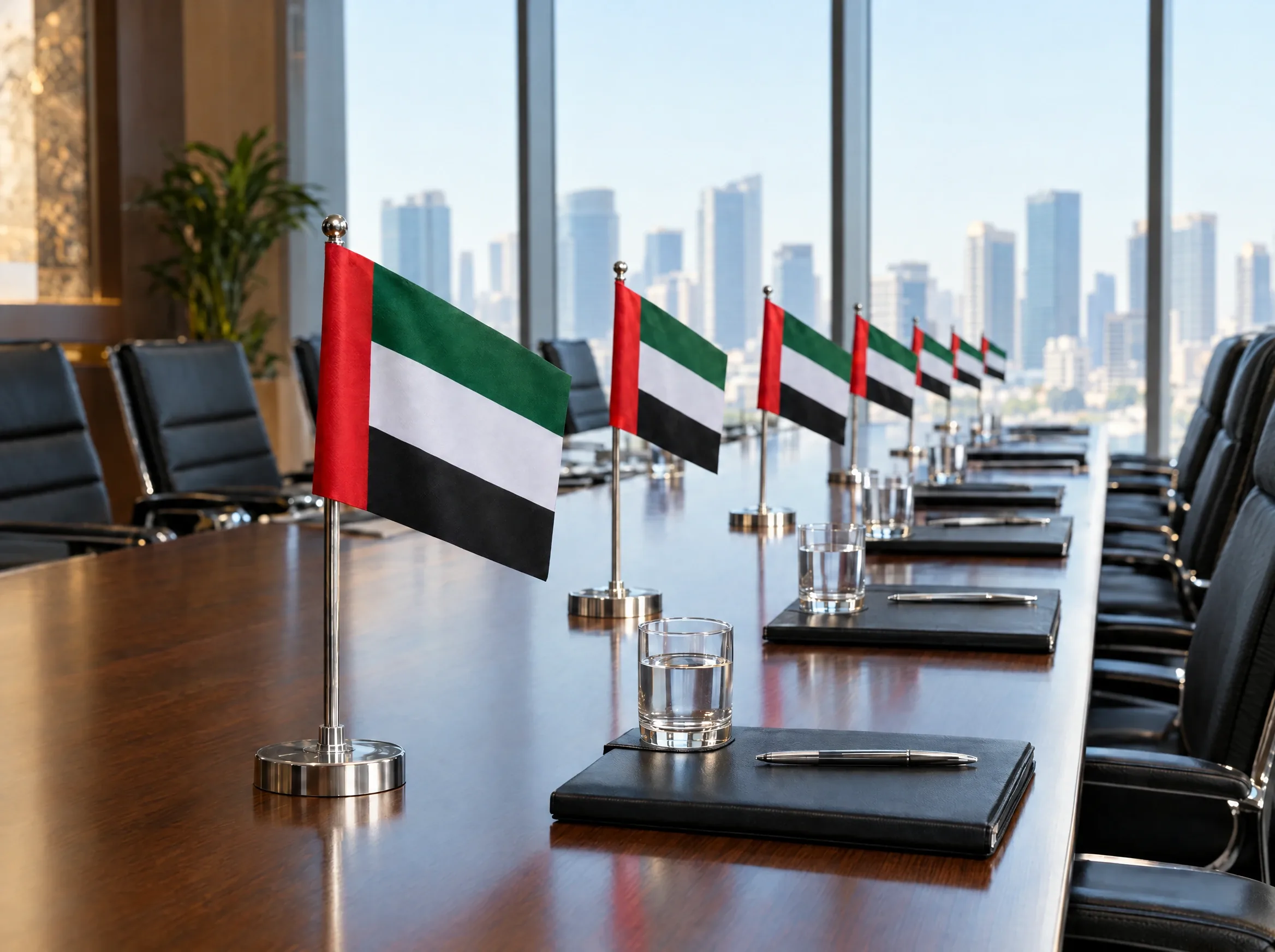UAE desk flags on silver stands along a boardroom table with notebooks, pens and glasses of water