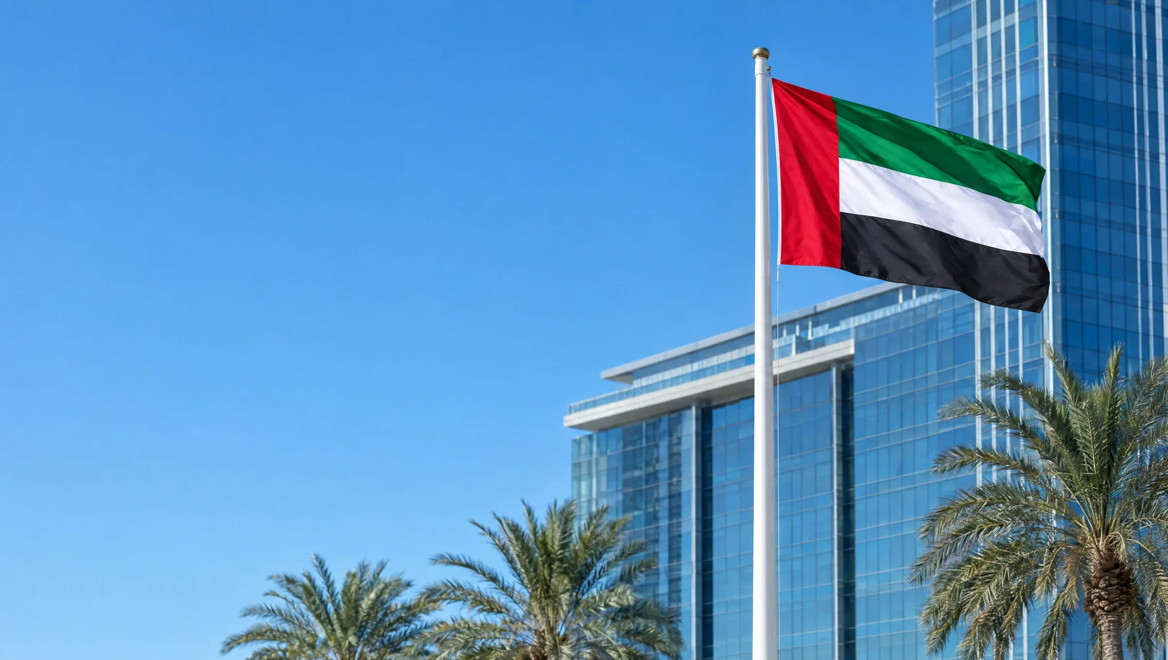 UAE flag flying on a flagpole in front of a modern glass office tower on a clear morning