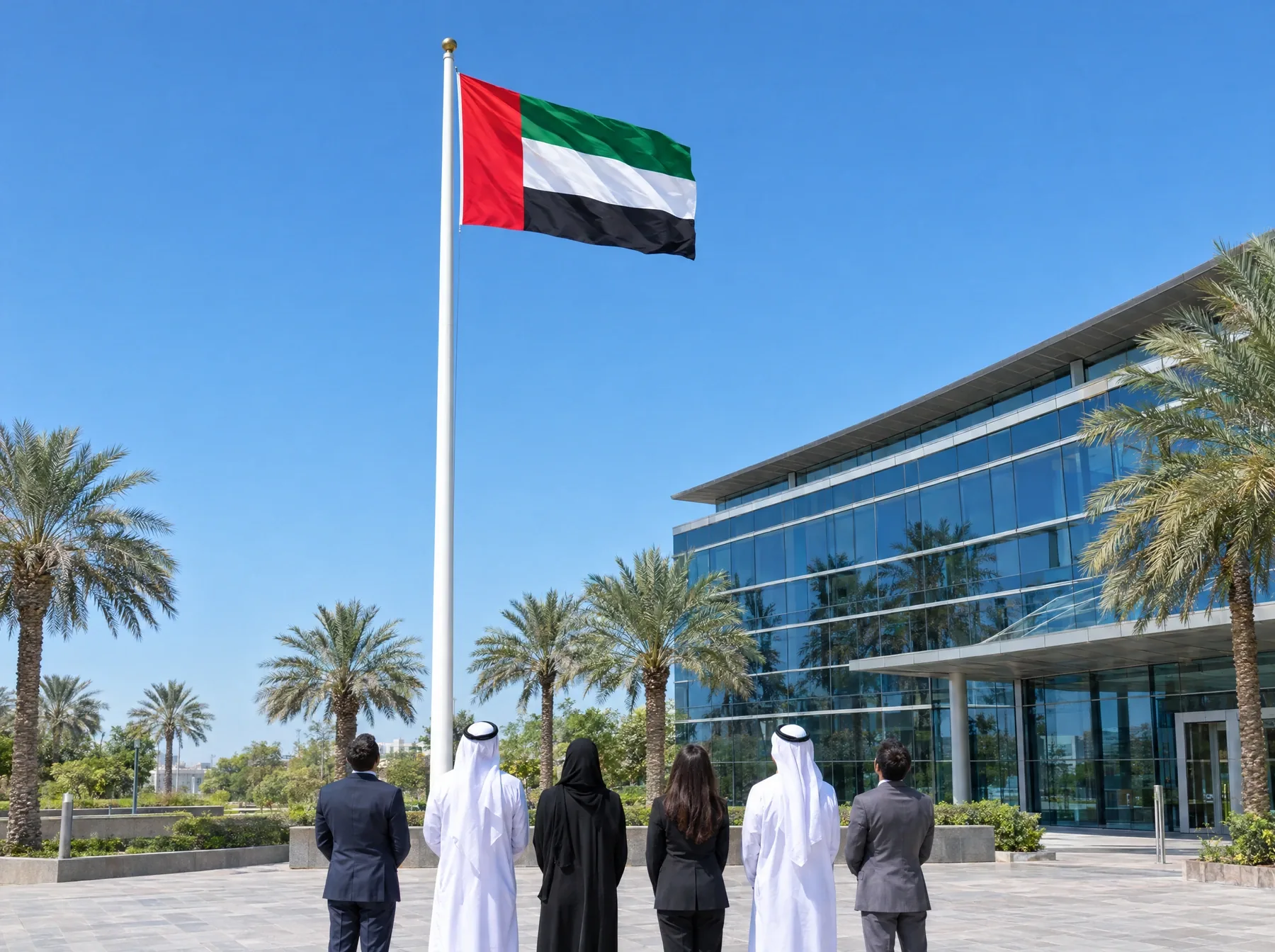 Office colleagues in front of a modern building facing the UAE flag on a flagpole on Flag Day