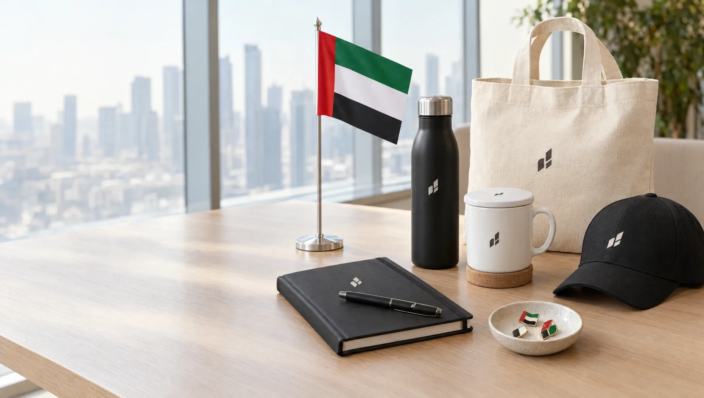 Corporate gifts for UAE National Day on an office table: a UAE desk flag, steel bottle, notebook and pen, ceramic mug, tote bag, cap and flag pins