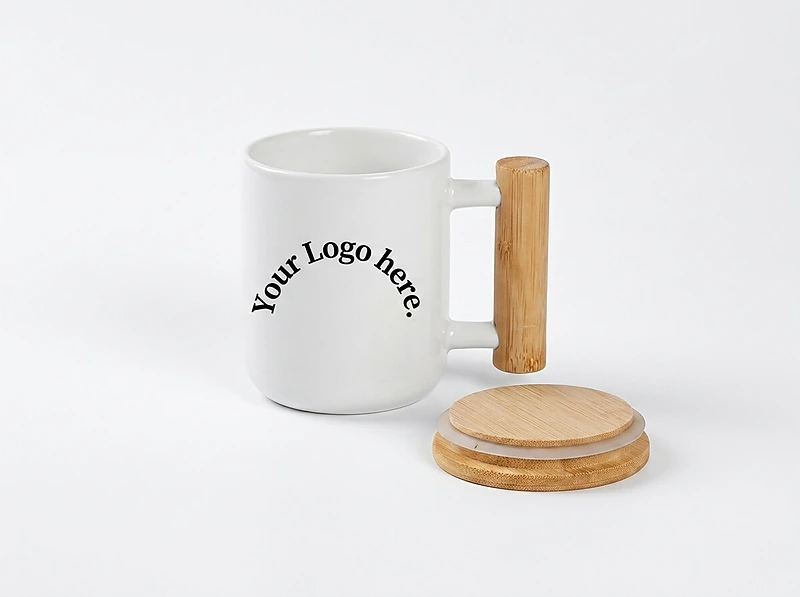 ceramic mug with bamboo handle and lid White