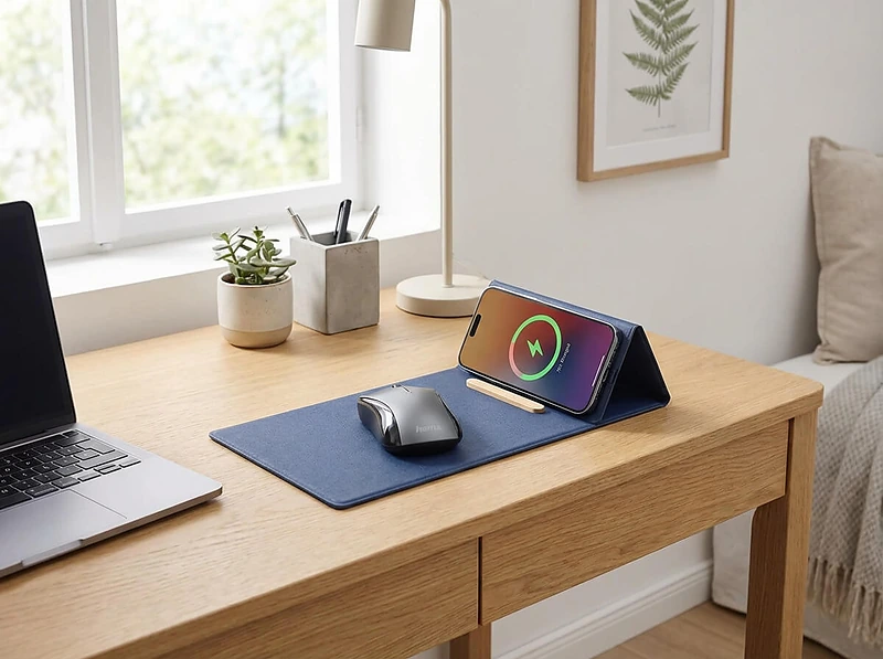 Recycled PU 15W Wireless Mousepad & Desk Organizer