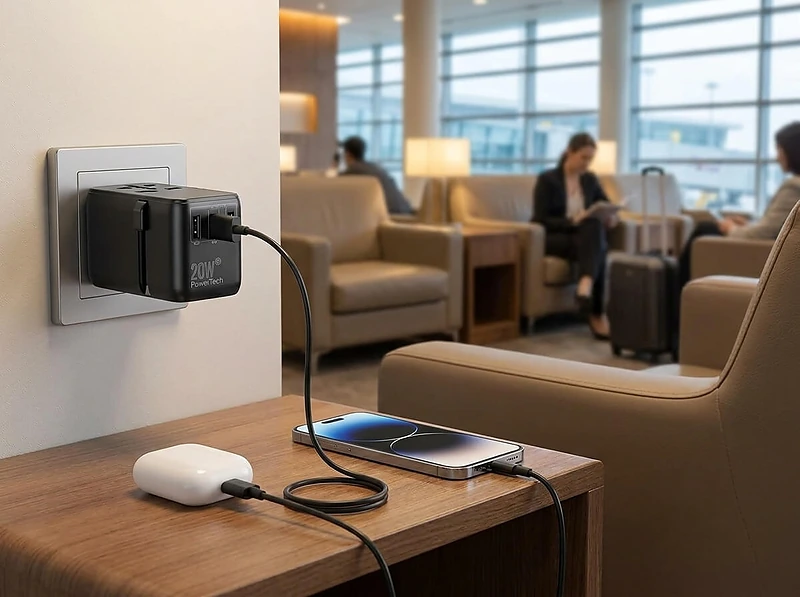 Travel Adaptor with Built-in USB-C Cable