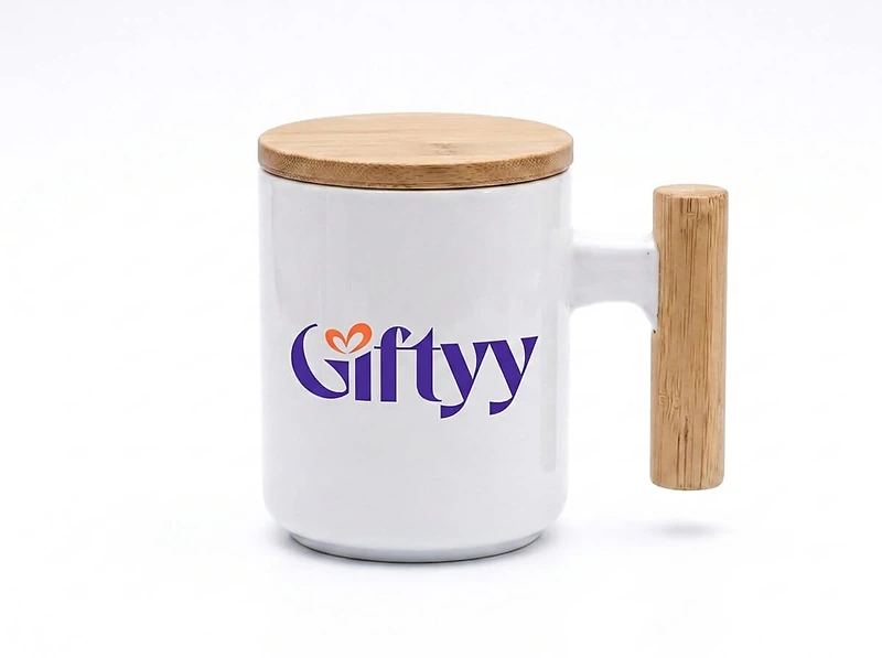 ceramic mug with bamboo handle and lid White