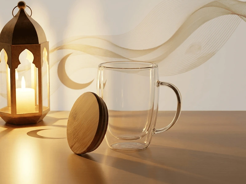 Double-walled glass travel cup with bamboo lid
