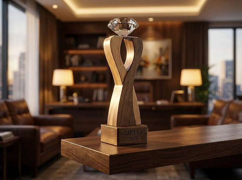 Wooden Trophy with Diamond Shape Crystal on Top