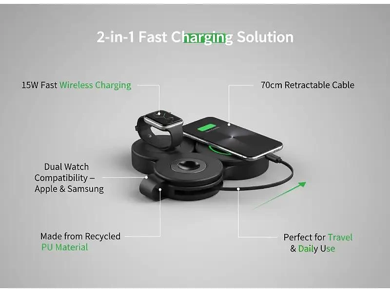 15W Wireless Charger With Retractable Cable & Dual Watch Compatibility In UAE