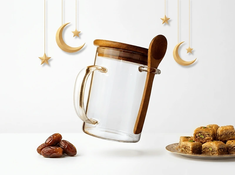 Glass cup with bamboo lid And Spoon