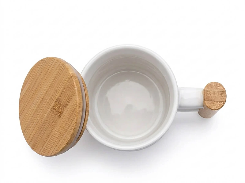 ceramic mug with bamboo handle and lid White