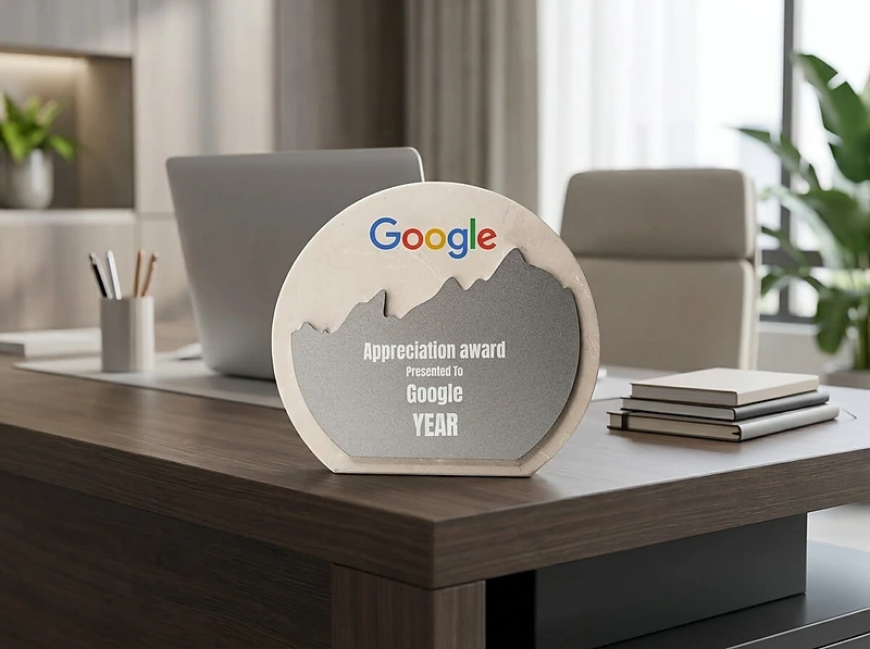 White Stone Plaque Award With Metal Plate