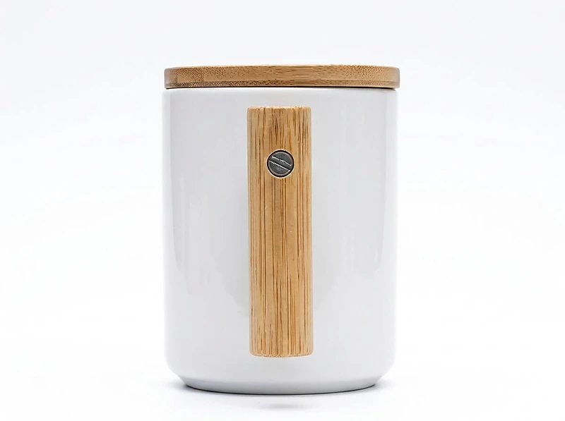 ceramic mug with bamboo handle and lid White