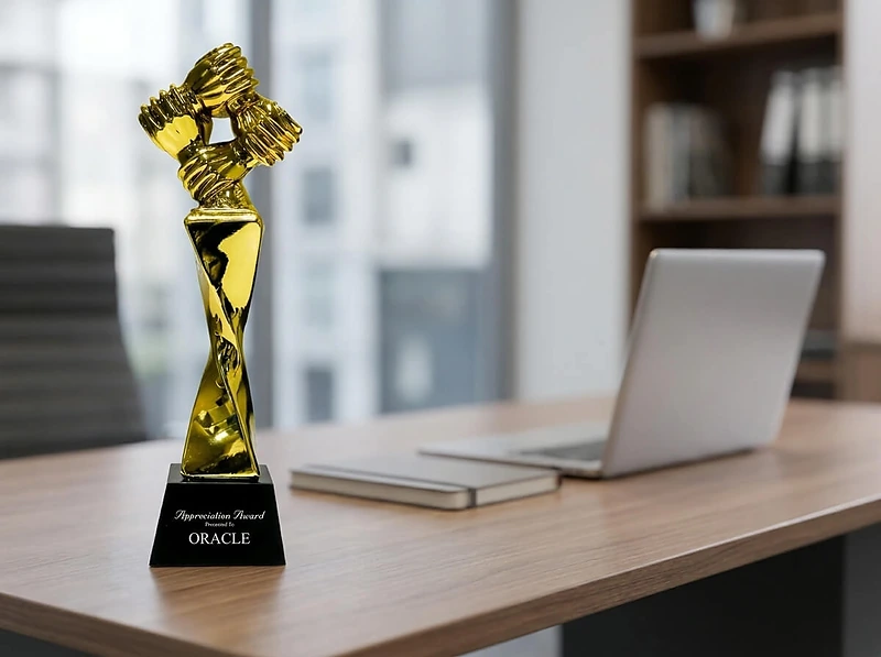 Award Trophy Hand Holding full gold with black base