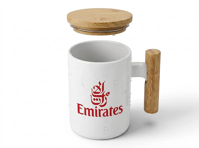 ceramic mug with bamboo handle and lid White