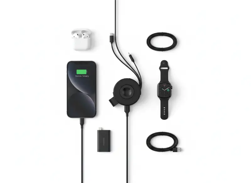 15W Wireless Charger With Retractable Cable & Dual Watch Compatibility In UAE