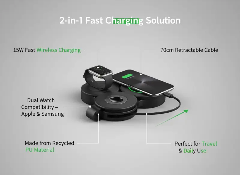 15W Wireless Charger With Retractable Cable & Dual Watch Compatibility In UAE
