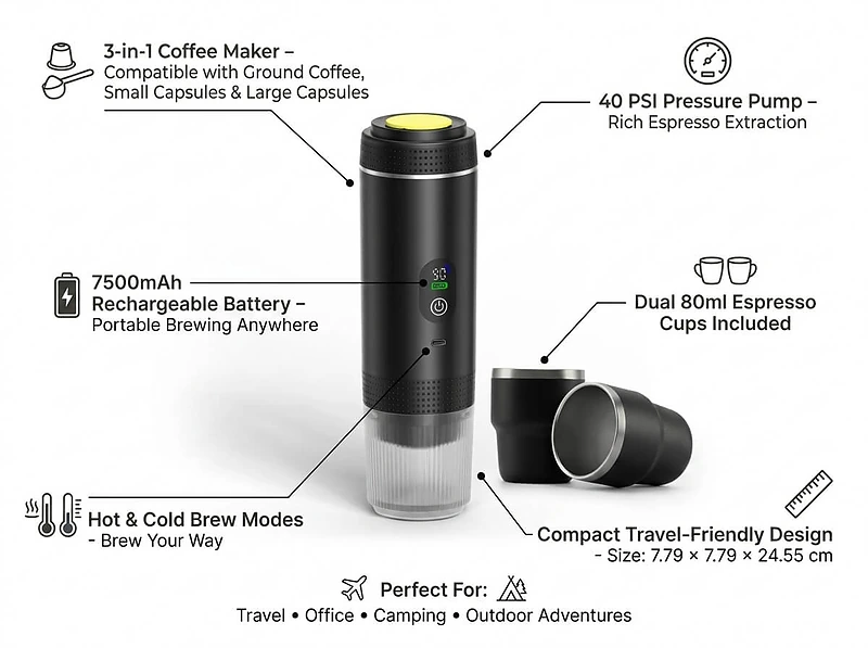 Compact 3-in-1 Coffee Maker with Battery Power