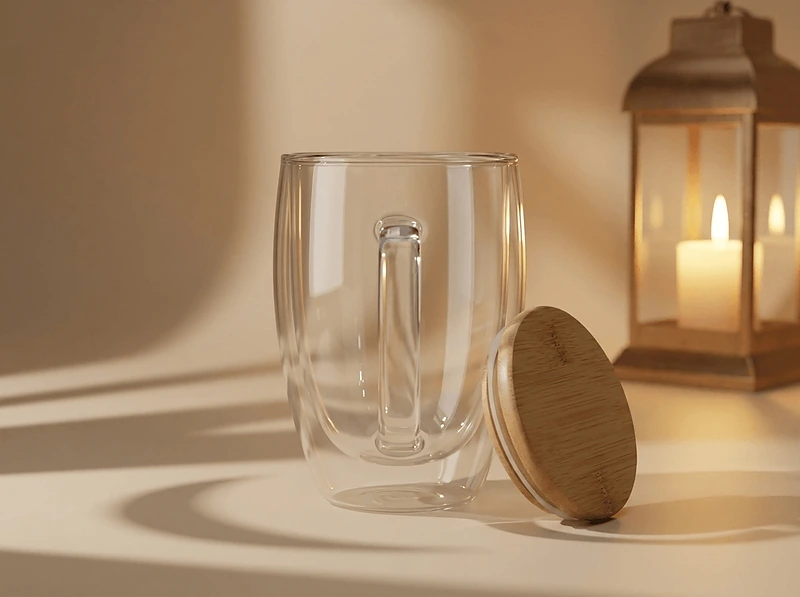 Double-walled glass travel cup with bamboo lid