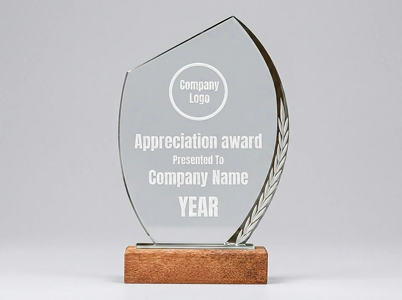 Crystal Trophy With Wooden Base Brown