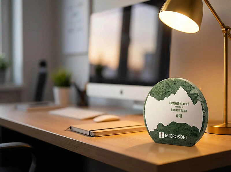 Green Stone Round Plaque Award With Metal Plate