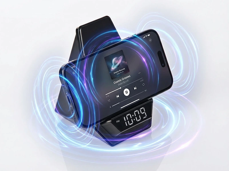 Wireless Charger BT Speaker with Clock & Light-up Logo