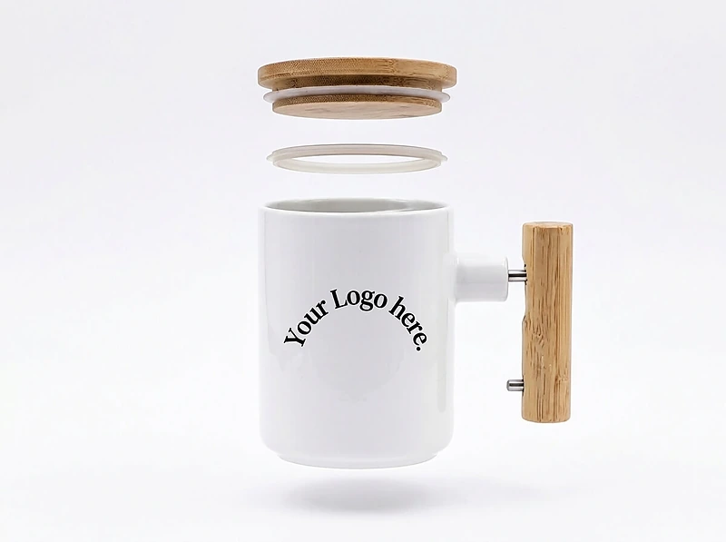 ceramic mug with bamboo handle and lid White