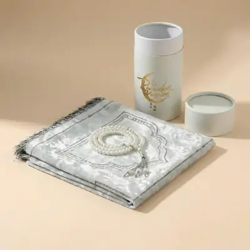 Prayer Mat with  Tasbih in Tubular Box White
