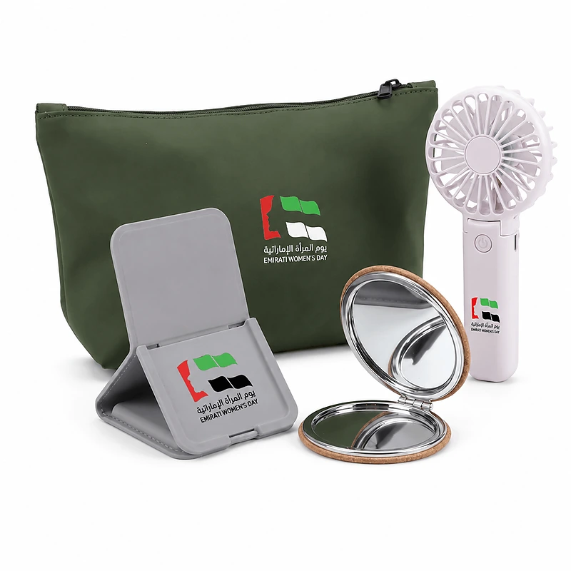 Pouch, Portable Fan, Hand Mirror & Phone Stand Set